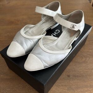 CHANEL White and Cream Flats with Ankle Strap